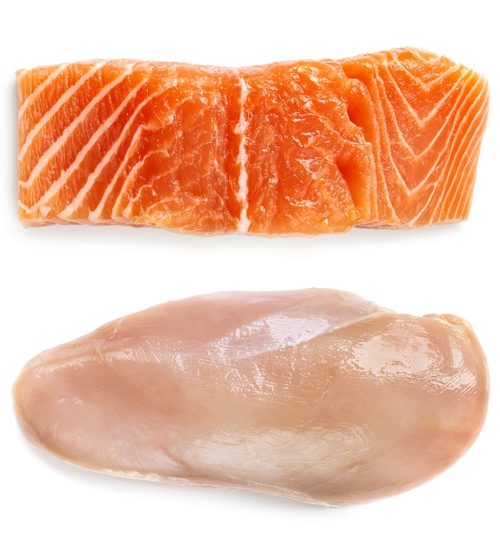 Raw beef steak, chicken breast, and salmon, isolated on white.  Top view.  Lean proteins.